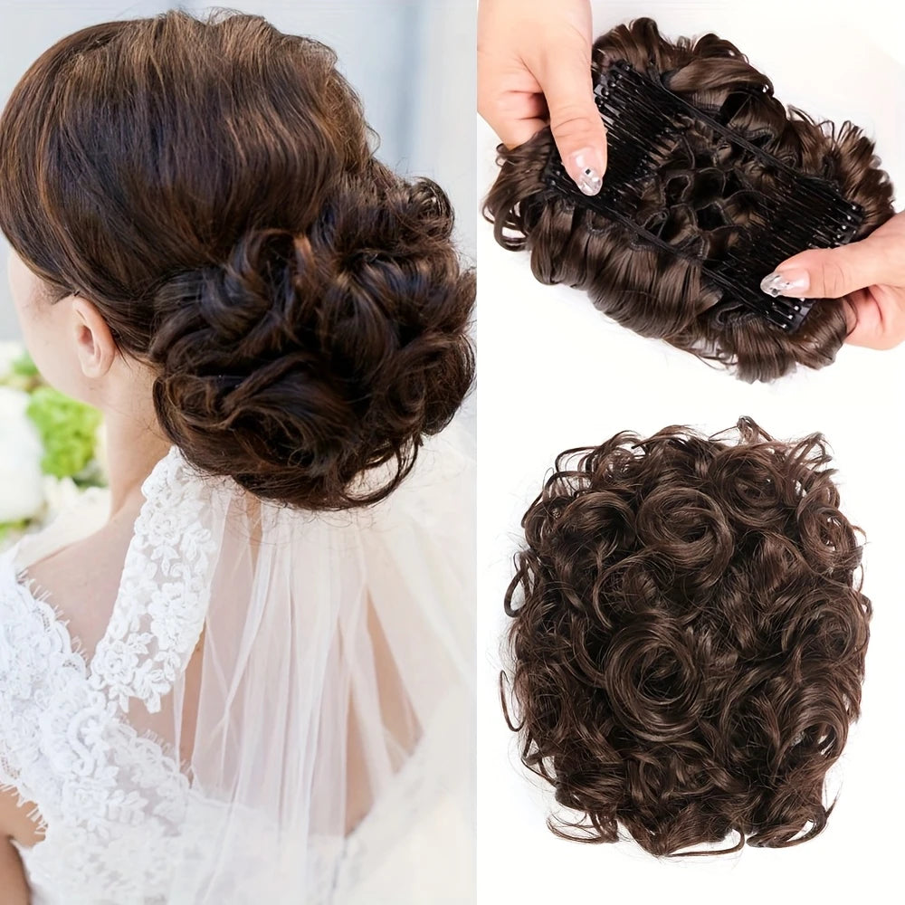 Chignon Postiche Bouclé avec Peigne – Extension Cheveux Facile à Fixer pour Mariage ou Soirée Élégante