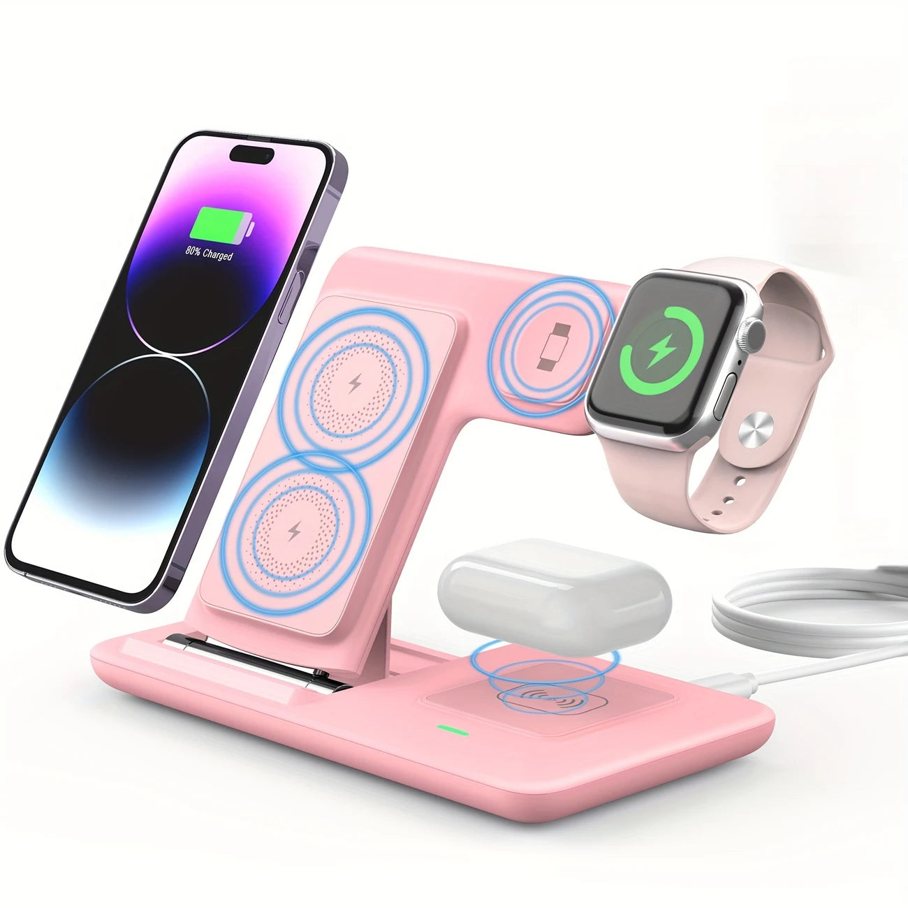 Station de Charge Sans Fil 3 en 1 – Chargeur Multifonction pour iPhone, Apple Watch et AirPods avec Indicateur LED