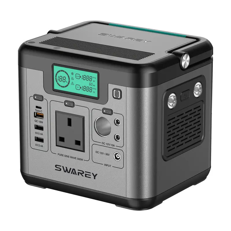 Station d’alimentation portable Swarey 500W – Générateur rechargeable compact avec prises USB, AC et lampe LED intégrée