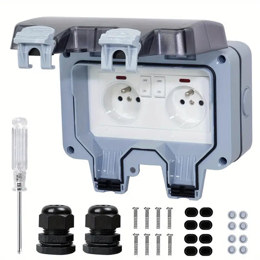 Prise double extérieure étanche IP66 avec interrupteur – Coffret mural 2 prises + kit d’installation pour jardin et terrasse