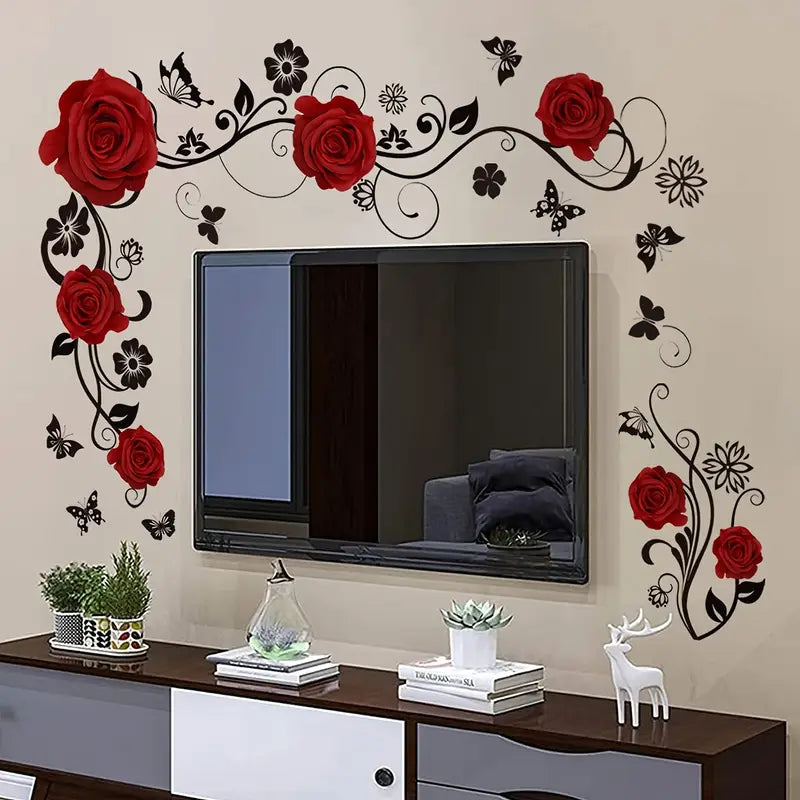 Sticker mural fleurs et papillons – Décoration murale avec roses rouges en relief, pour salon ou chambre