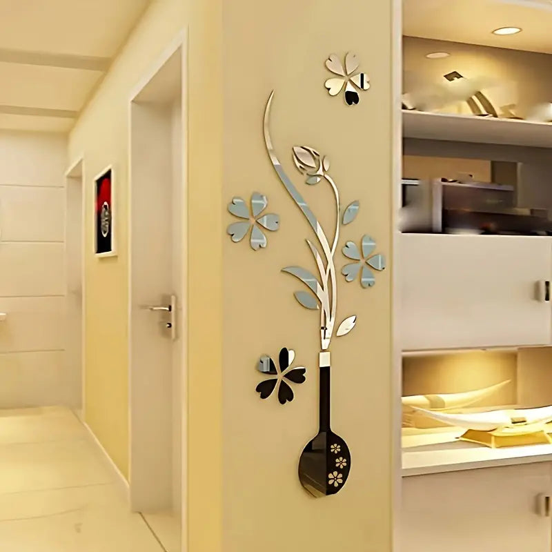 Sticker mural miroir vase floral 3D – Décoration murale effet miroir 80x32 cm pour salon, entrée ou couloir