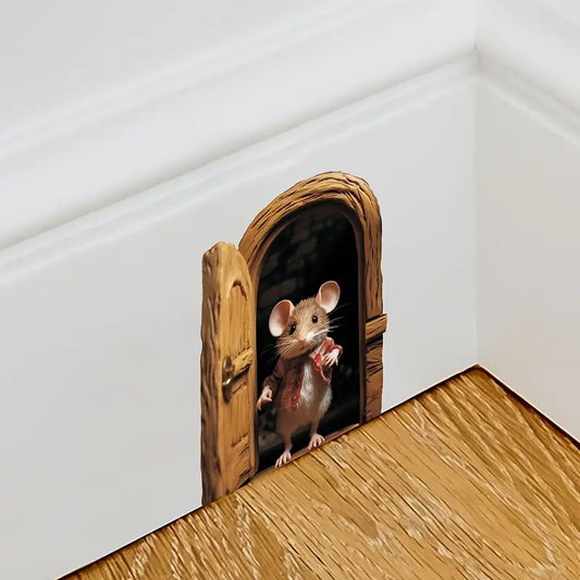 Sticker trompe-l'œil souris et porte en 3D – Autocollant mural amusant pour plinthes, enfants et déco originale