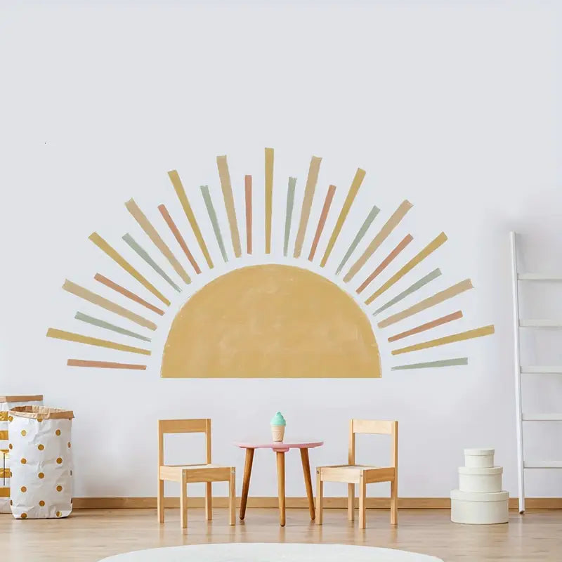 Sticker mural soleil bohème – Déco murale colorée pour chambre d’enfant, crèche ou espace de jeu