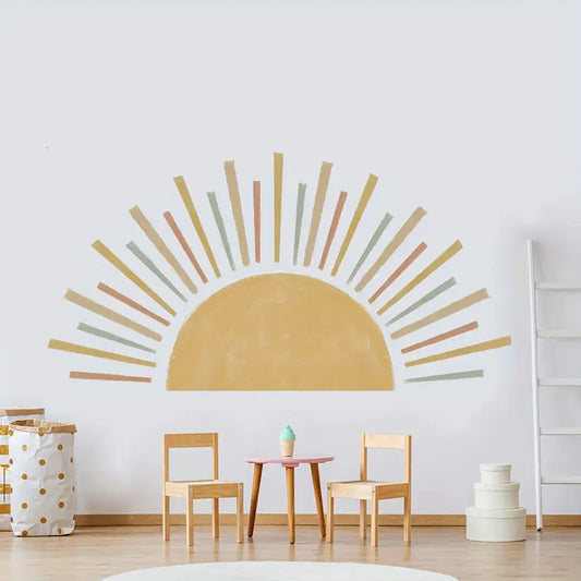 Sticker mural soleil bohème – Déco murale colorée pour chambre d’enfant, crèche ou espace de jeu