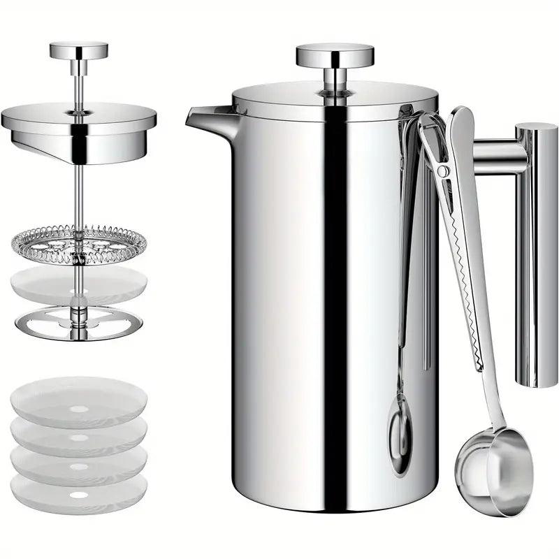 Cafetière à Piston Inox 1L – French Press Isotherme avec Filtres de Rechange et Cuillère Doseuse