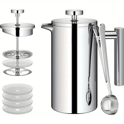 Cafetière à Piston Inox 1L – French Press Isotherme avec Filtres de Rechange et Cuillère Doseuse