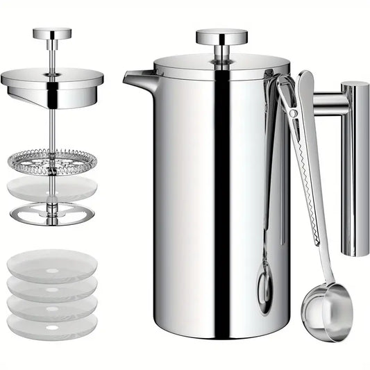 Cafetière à Piston Inox 1L – French Press Isotherme avec Filtres de Rechange et Cuillère Doseuse