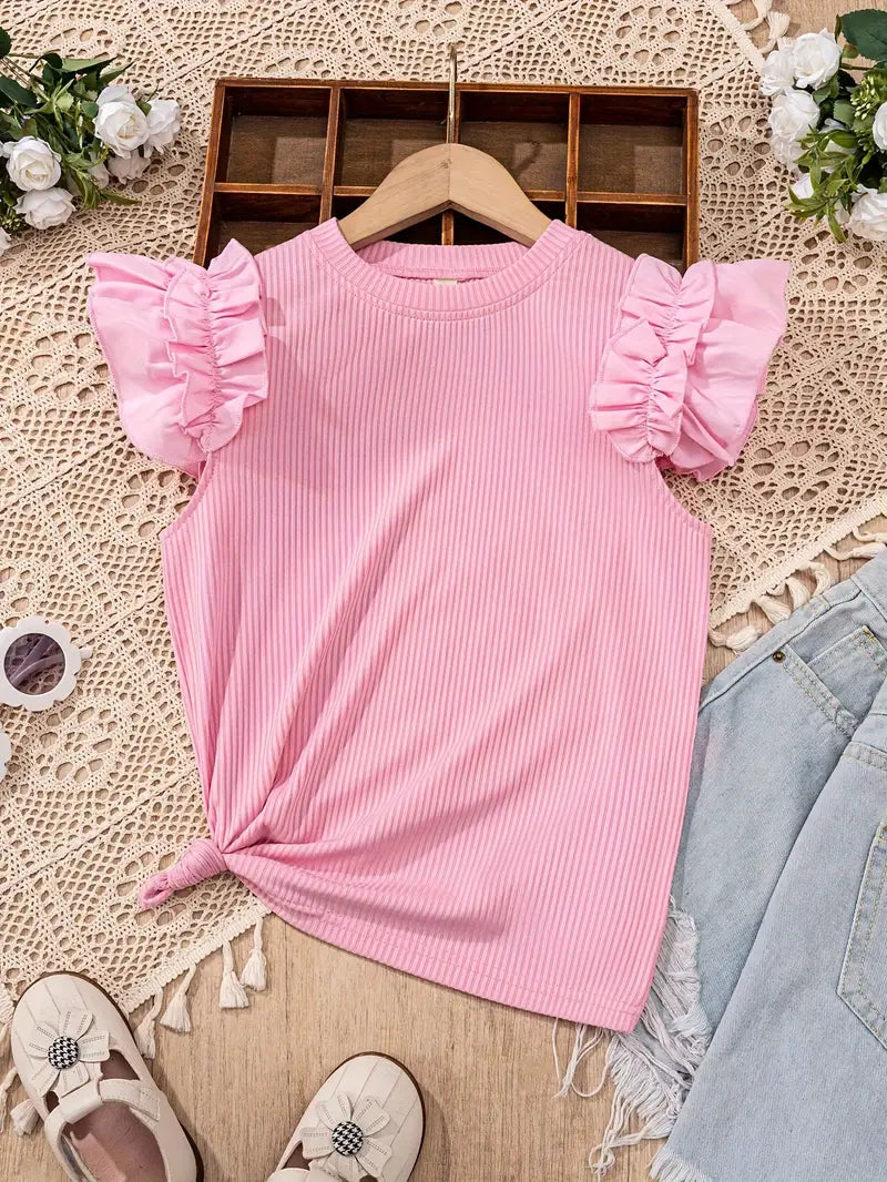 T-shirt fille rose sans manches à volants – Haut léger et élégant pour l’été