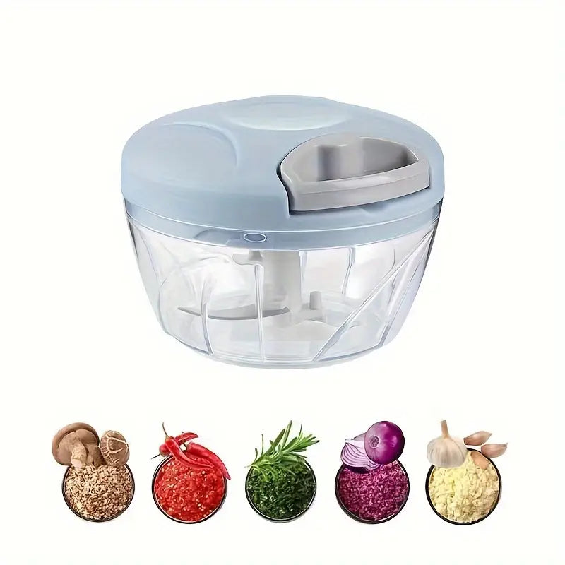 Hachoir Manuel à Corde Multifonction – Coupe-Rapide pour Ail, Oignon, Herbes, Fruits Secs et Légumes – Bol Transparent avec Lames Acier Inoxydable