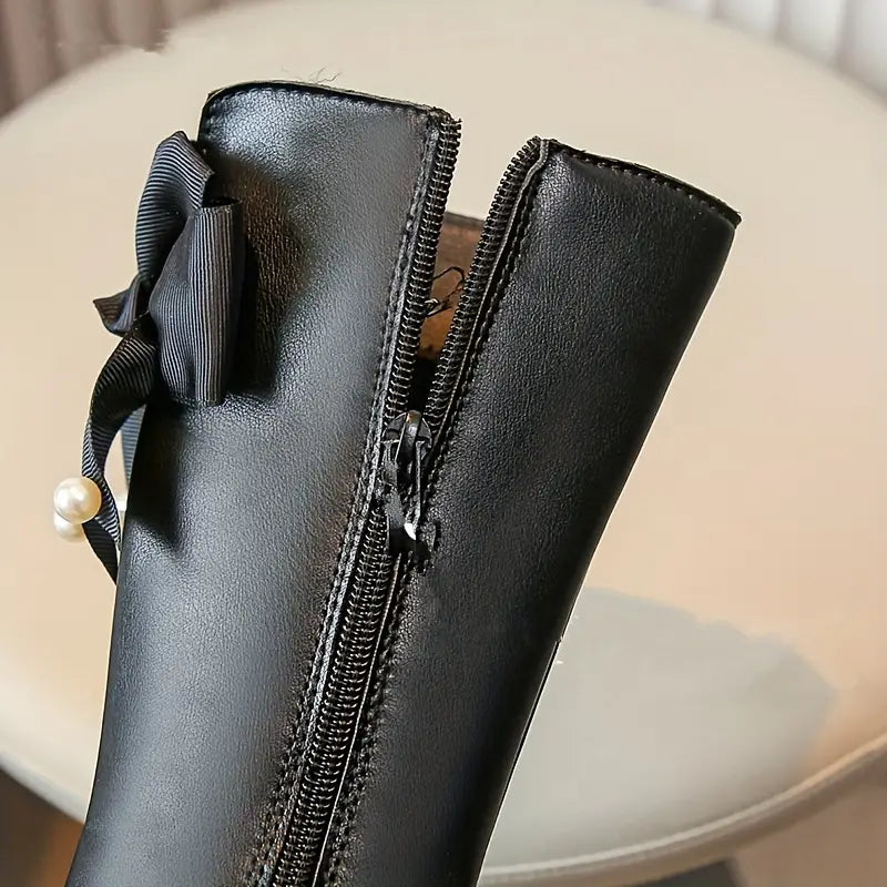 Bottes fille noires avec nœud et perles – Chaussures élégantes et confortables pour l’hiver