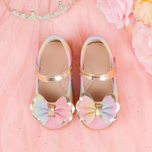 Chaussures fille élégantes sans lacets – Mocassins dorés avec nœud papillon pour cérémonie et fête