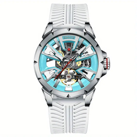 Montre homme automatique squelette – Design sport élégant avec cadran bleu et bracelet silicone blanc