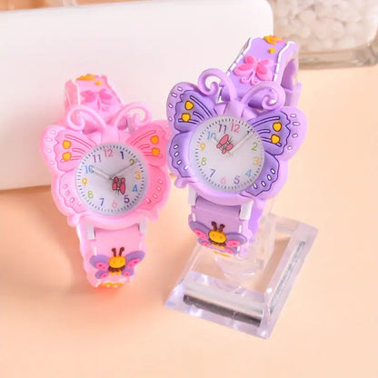 Montre Enfant Papillon Rose et Violet – Bracelet Silicone Coloré avec Motifs Fleurs et Abeilles