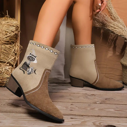 Bottes fille en daim marron avec broderie chat – Style western tendance et confortable