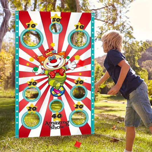 Jeu de lancer de sacs avec cible clown – Animation festive et jeu d’adresse pour enfants