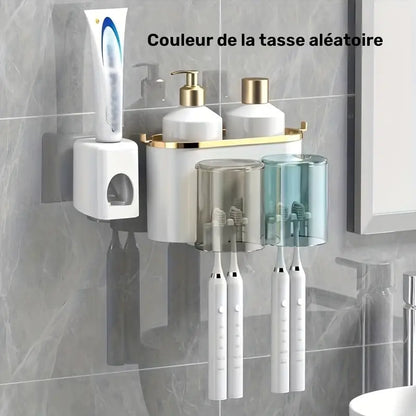 Organisateur Mural Salle de Bain avec Gobelets et Porte-Brosses – Support Multifonction avec Distributeur Dentifrice