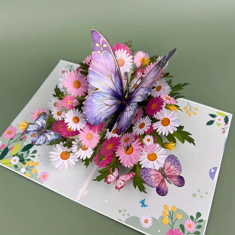 Carte Pop-Up 3D Papillon et Fleurs – Carte de Vœux Florale pour Anniversaire, Fête des Mères ou Remerciement