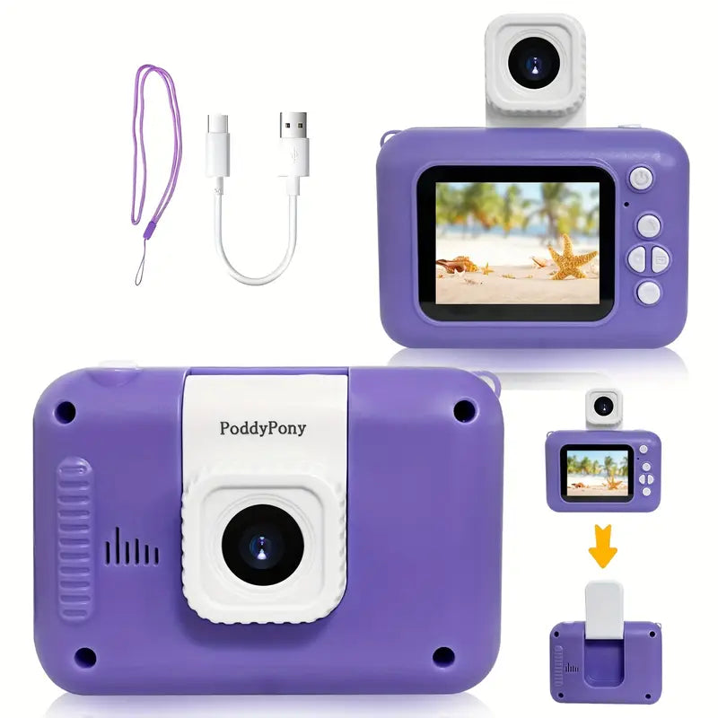 Appareil Photo Numérique pour Enfants PoddyPony – Caméra HD Rechargeable avec Écran et Objectif Amovible