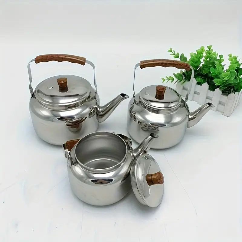 Théière en Inox avec Poignée Bois – Bouilloire Traditionnelle pour Café ou Thé – Compatible Tous Feux