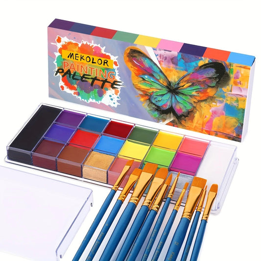Palette Peinture Corporelle Artistique – 20 Couleurs Vives + 10 Pinceaux pour Maquillage Créatif