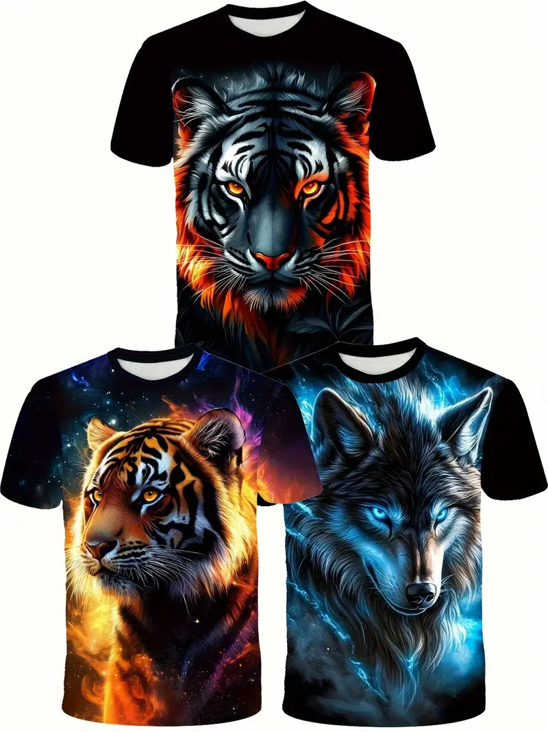 T-shirt Garçon Motif 3D Loup et Tigre – Haut Imprimé Animal Fantastique Mode Streetwear Enfant