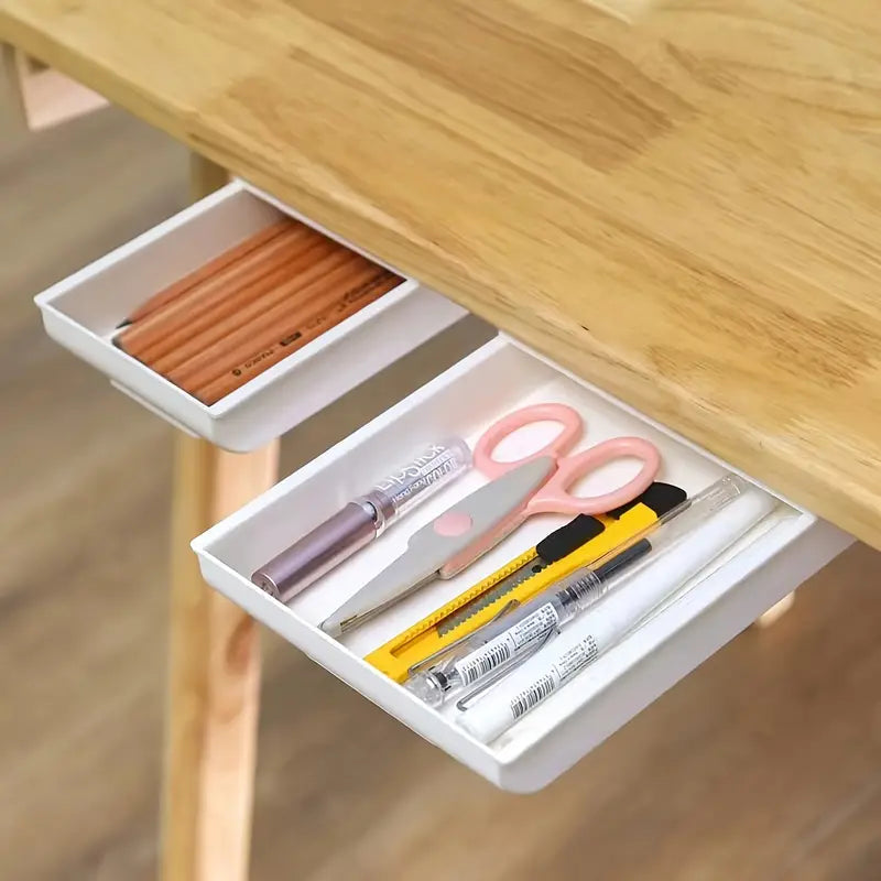 Tiroir coulissant adhésif sous bureau – Rangement discret auto-collant pour stylos, accessoires et fournitures