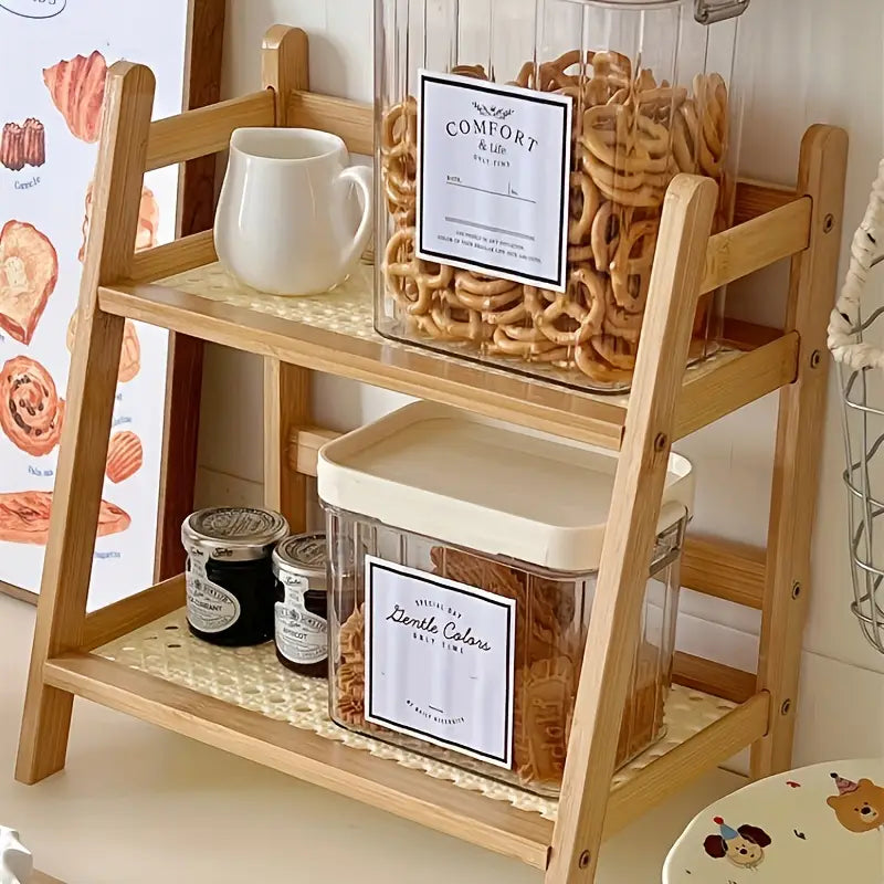 Étagère de rangement en bois 2 niveaux – Organisateur compact en bambou pour bureau, cuisine ou salle de bain