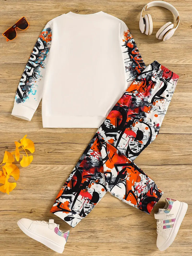 Ensemble Garçon Streetwear – Sweat Blanc et Pantalon Graffiti Coloré