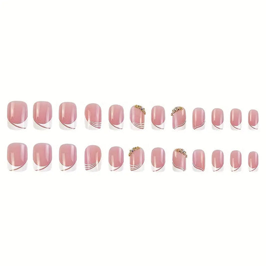 Faux Ongles Rose Nude avec Design Blanc et Strass – Kit 24 Pièces Élégantes Prêtes à Poser
