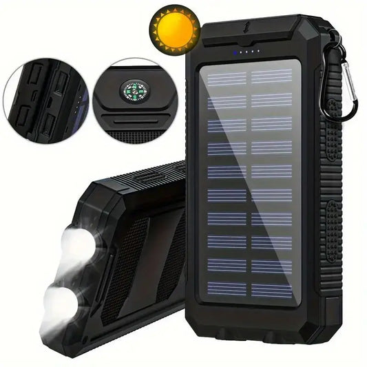 Batterie Externe Solaire 20000mAh – Power Bank avec Lampe Torche LED et Boussole pour Camping et Randonnée