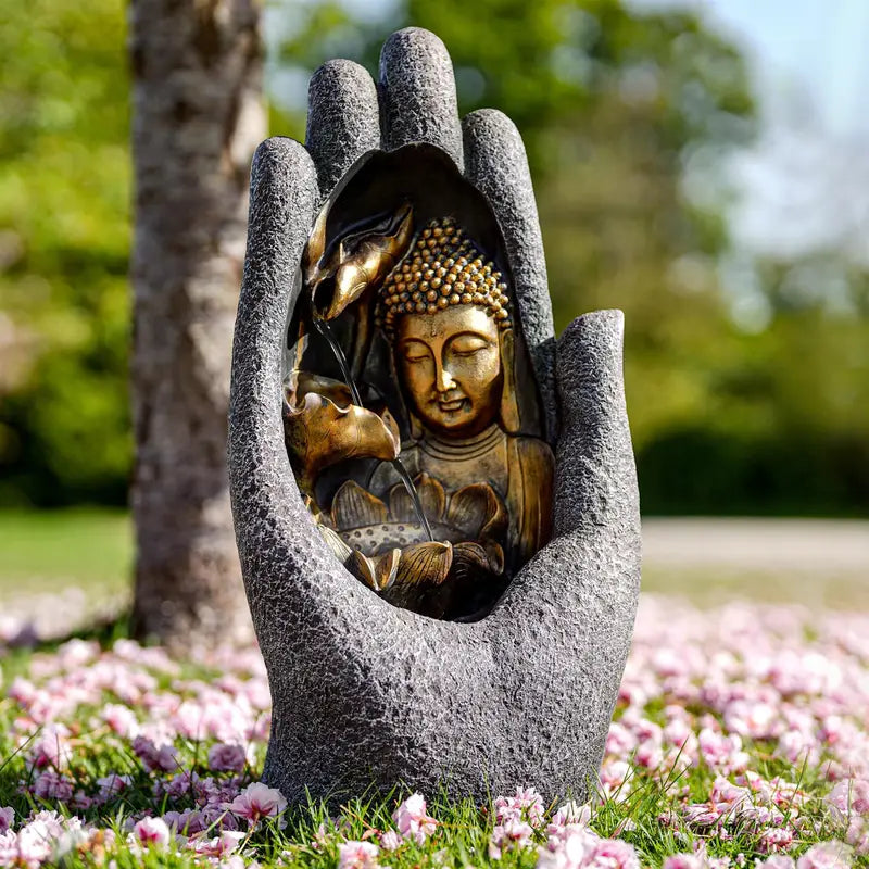 Statue Bouddha Main Protectrice  Sculpture Spirituelle d’Extérieur avec Éclairage LED