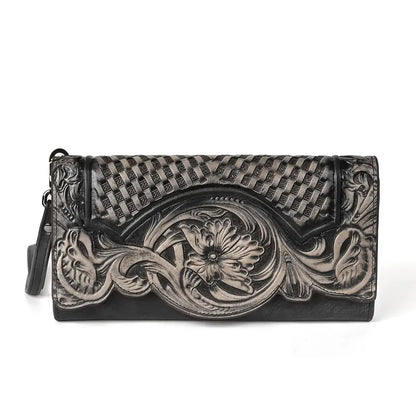 Portefeuille femme en cuir gravé – Design floral élégant et chic intemporel