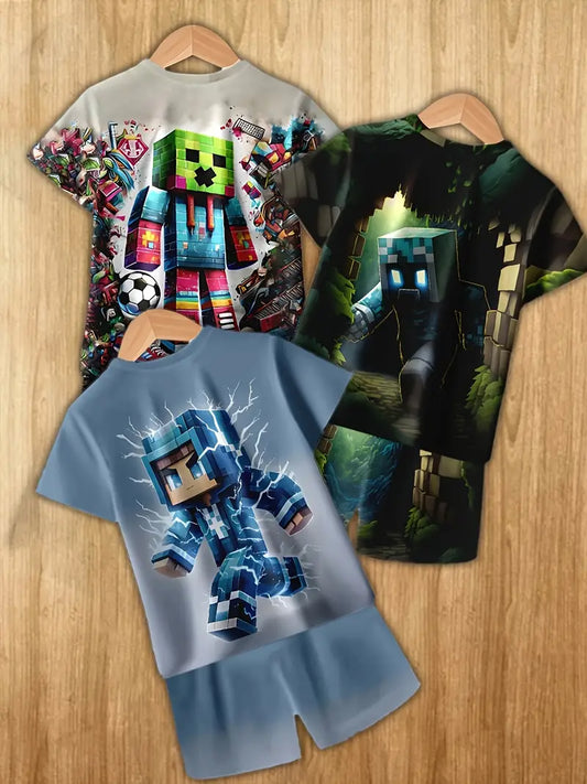 Ensemble garçon été bleu avec chemise imprimé héros pixel – T-shirt et short confortables