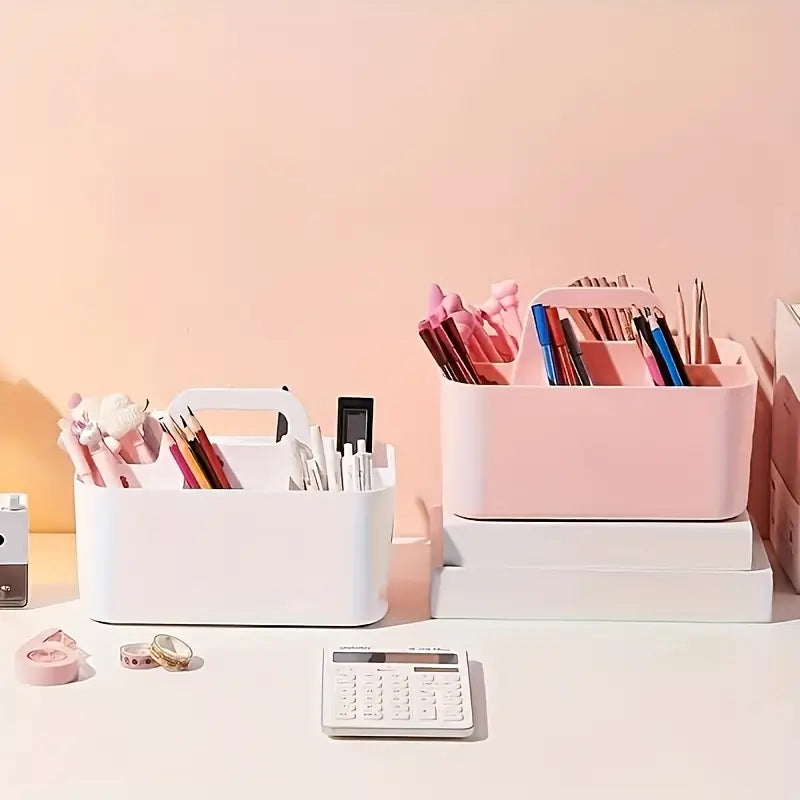 Boîte de Rangement à Compartiments avec Poignée – Organiseur Stylos, Crayons et Fournitures de Bureau