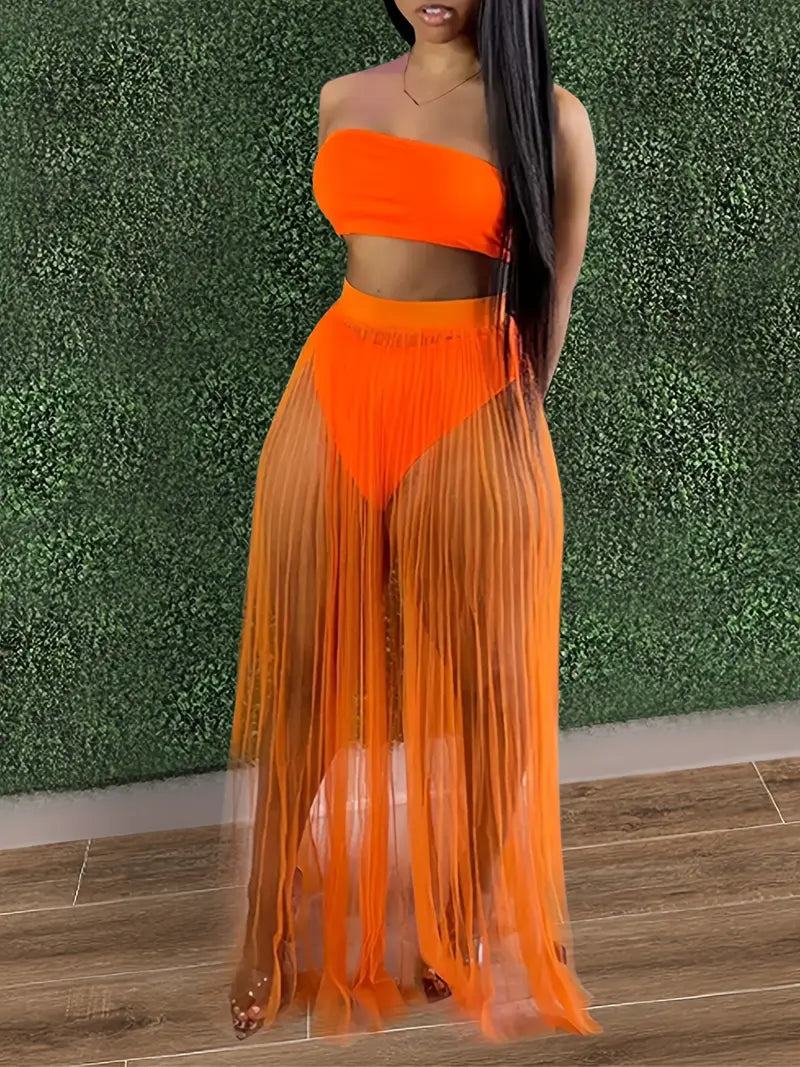 Ensemble Plage 2 Pièces – Haut Bandeau et Jupe Longue Transparente Plissée