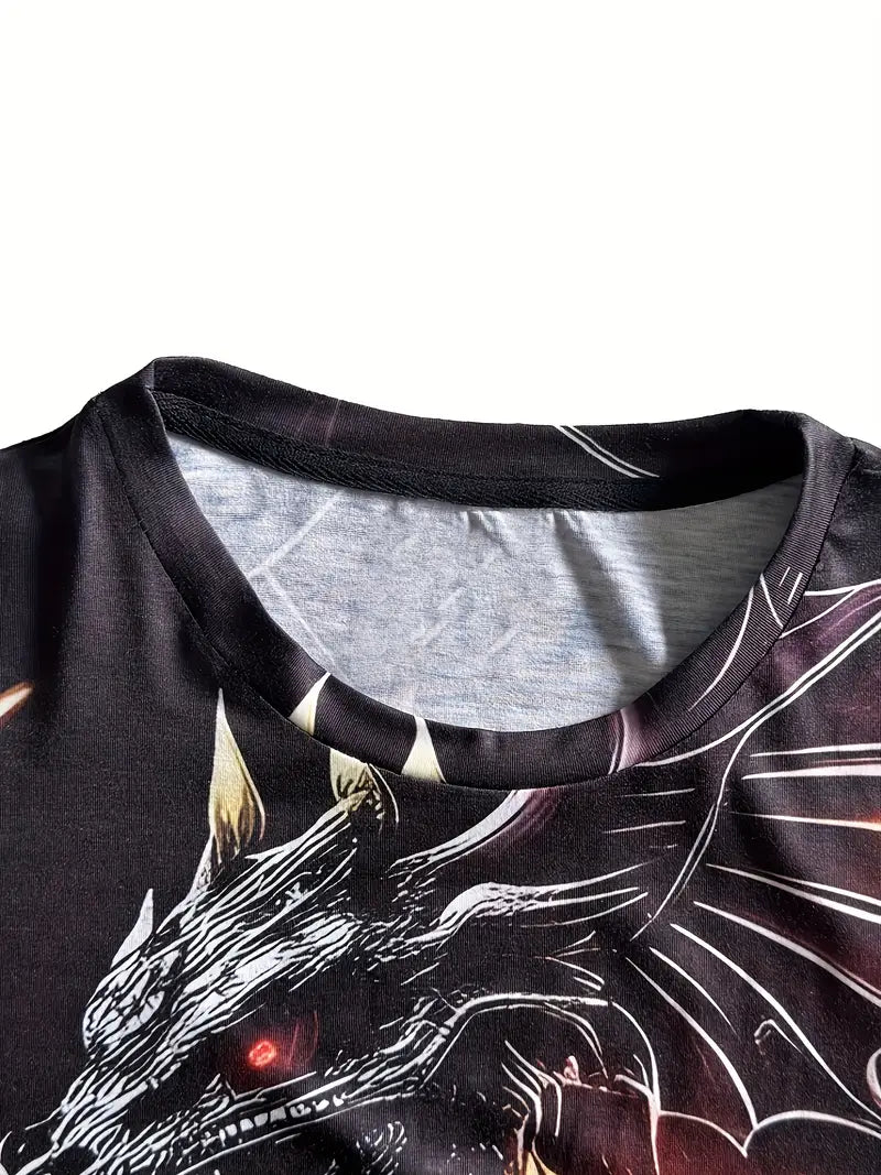 T-shirt fantaisie homme noir – Haut gothique dragon enflammé et crâne 3D réaliste