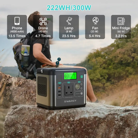 Station d’alimentation portable Swarey 300W – Générateur rechargeable compact avec prises USB, AC et lampe LED intégrée