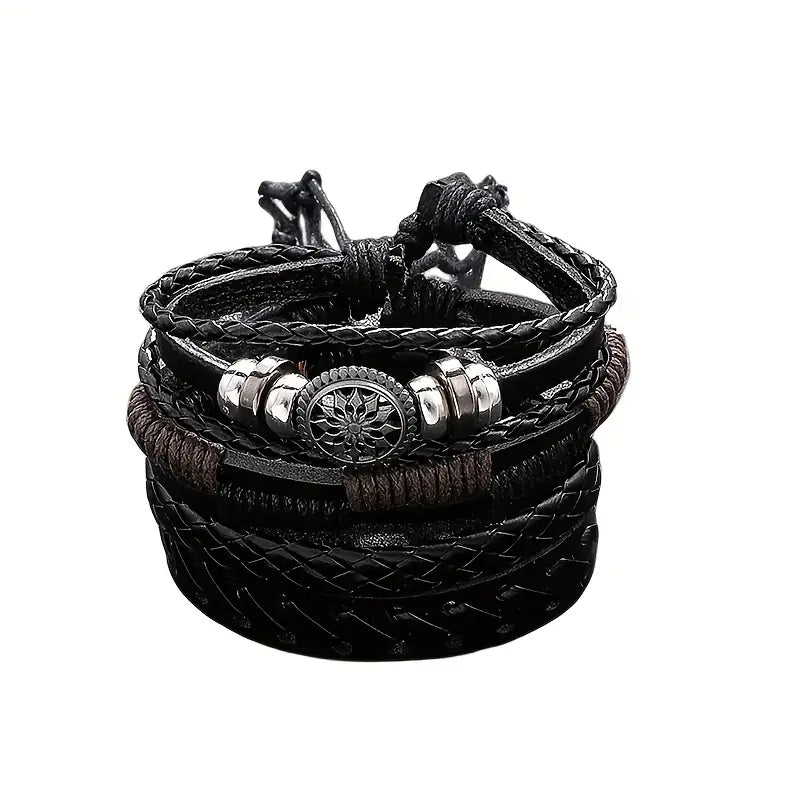 Bracelet homme cuir noir tressé multi-rangs – Bijou tendance avec perles et motif métal