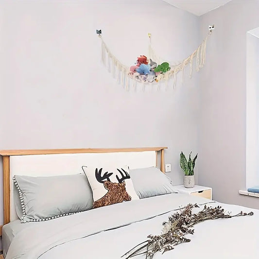 Filet de Rangement Suspendu en Macramé – Hammac de Rangement pour Peluches, Jouets et Accessoires Bébé