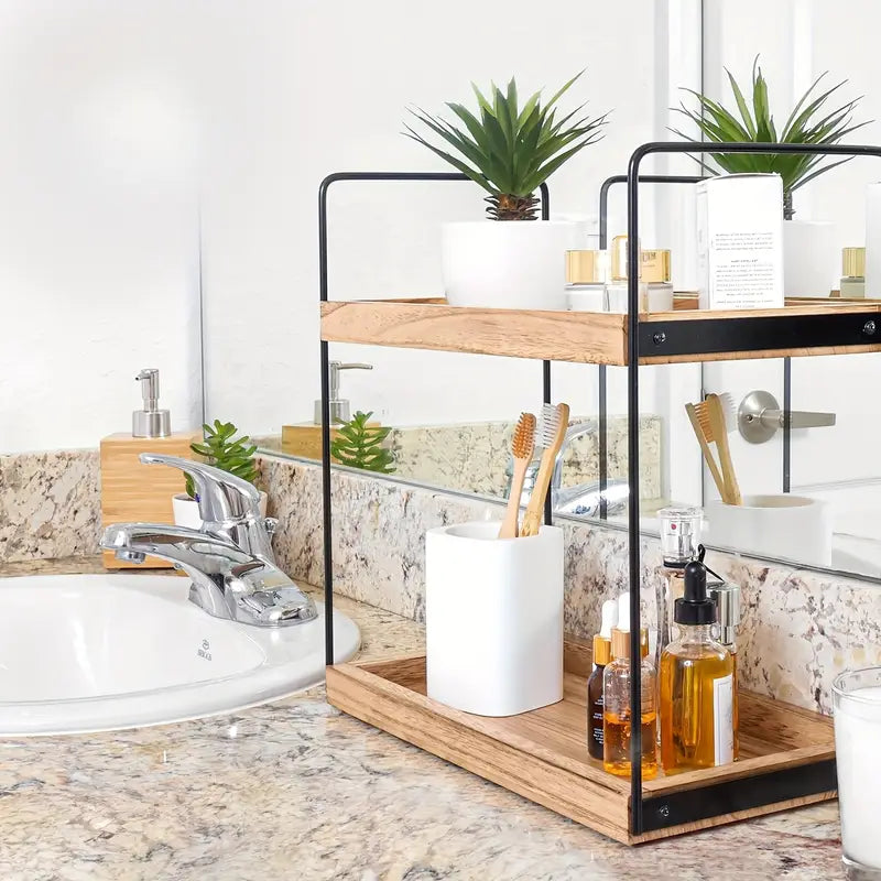 Étagère de Rangement à 2 Niveaux en Bois et Métal – Organisateur pour Cosmétiques, Parfums et Accessoires