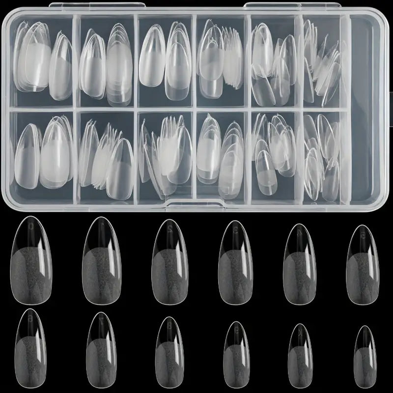 Kit de 120 Faux Ongles Transparente en Coffret – Capsules à Ongles Longues Forme Amande pour Pose Gel ou Acrylique