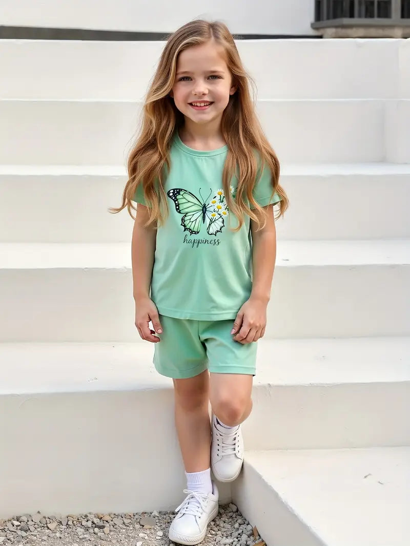 T-shirt Fille Papillon Imprimé – Haut Enfant Manches Courtes Confortable et Tendance Été