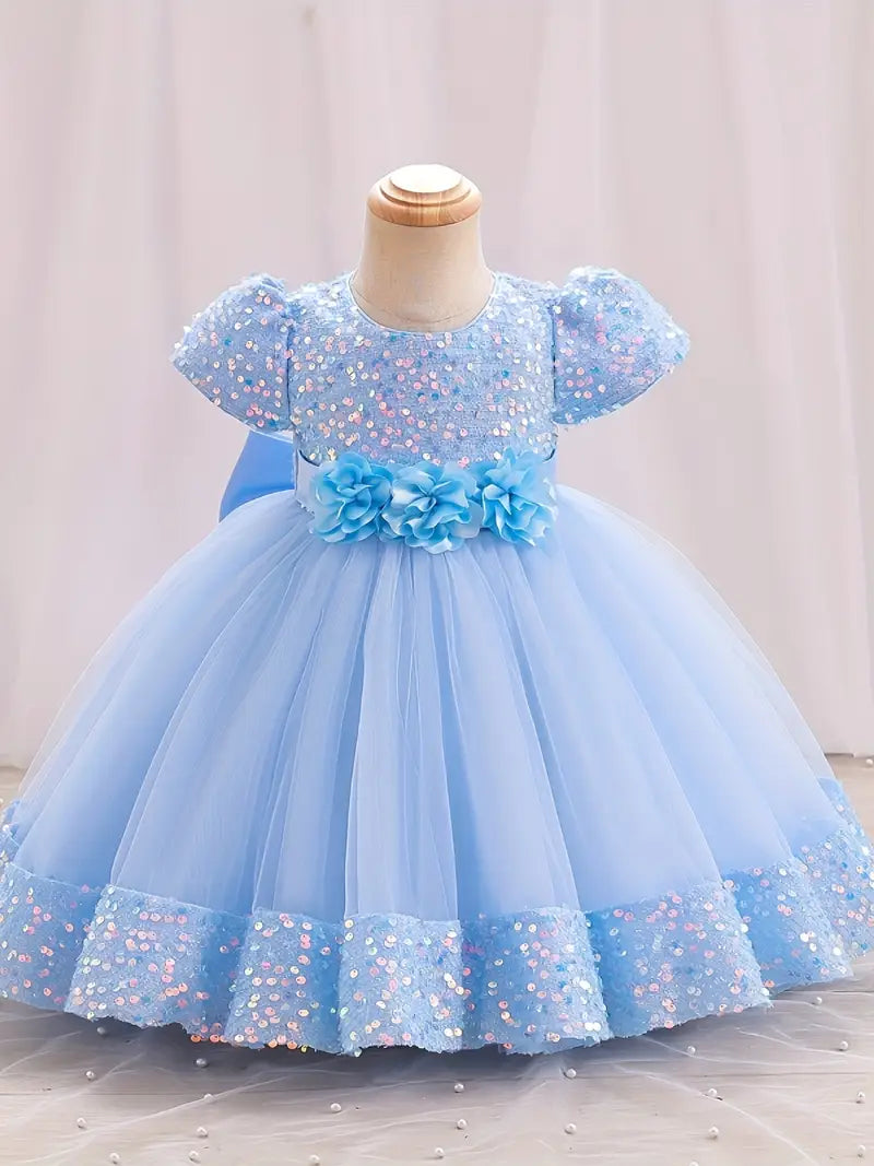 Robe fille de cérémonie bleu princesse – Tulle pailleté et fleurs décoratives