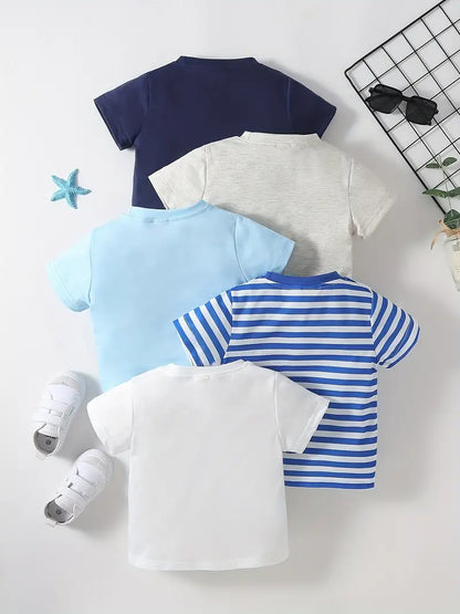 Lot de 5 t-shirts garçon basiques – Hauts unis et rayé coton respirant