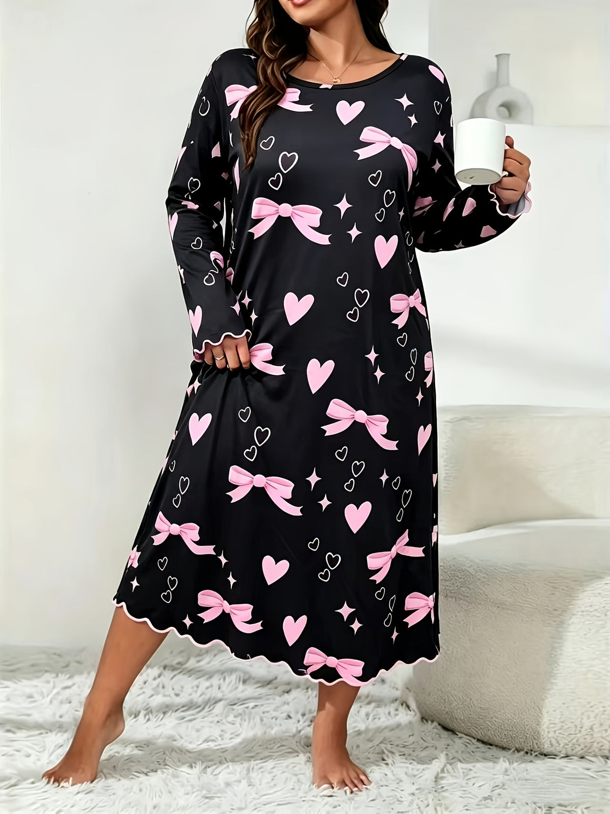 Chemise de Nuit à Manches Longues Automne/Hiver avec Imprimé Nœud Rose