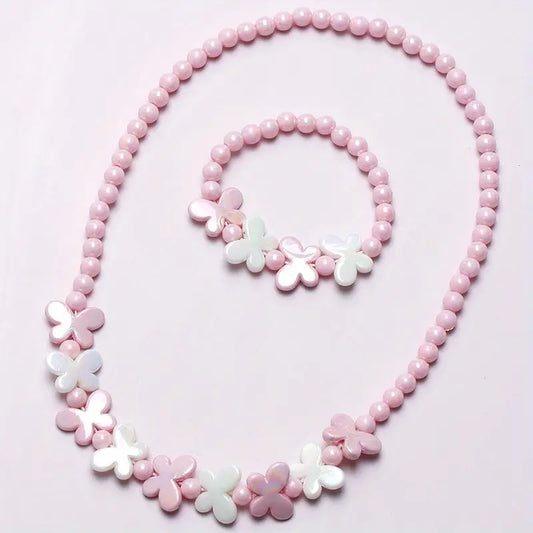 Parure Bijoux Enfant Collier et Bracelet Perles Papillon – Fantaisie Rose et Blanc