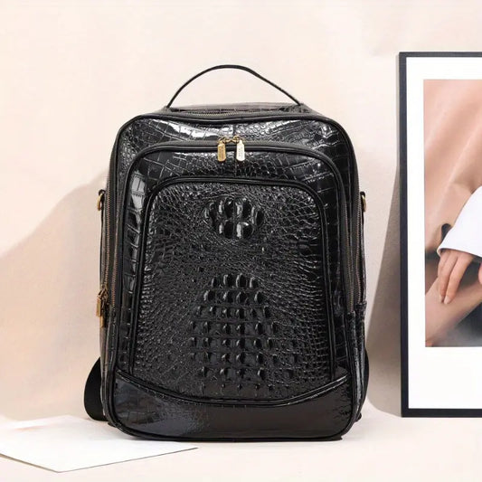 Sac à dos homme en cuir noir motif crocodile – Élégant et spacieux pour affaires ou voyages
