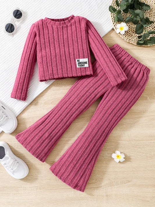 Ensemble fille 2 pièces côtelé mauve – Haut manches longues et pantalon évasé