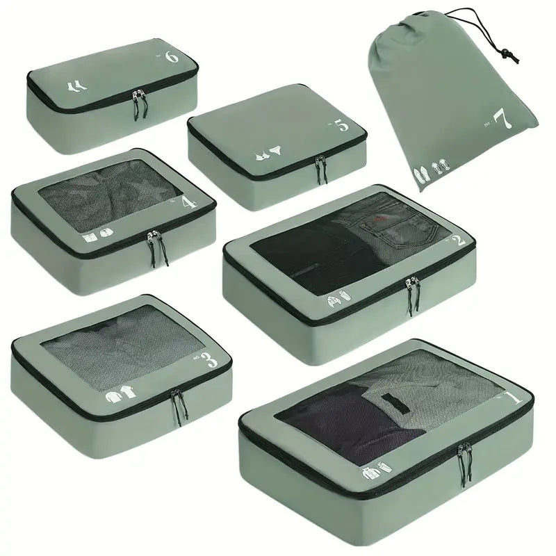 Set de 7 Organisateurs de Valise – Pochettes de Rangement Voyage Étanches pour Vêtements, Chaussures et Accessoires